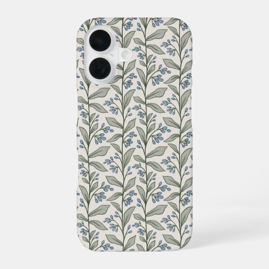 おしゃれな植物のブルーの花と緑の葉のデザイン iPhone 16ケース (裏面)