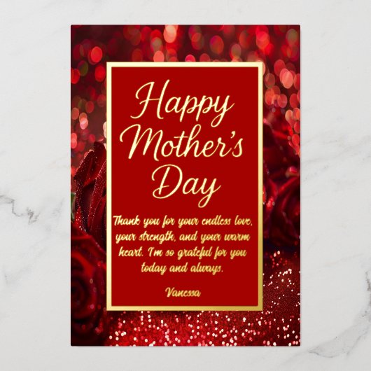 おしゃれな母の日カード | 赤い花と金色のフォント 箔シーズンカード (正面)