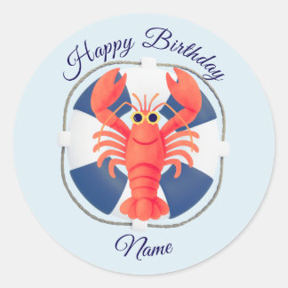 おしゃれな水彩のロブスターと救命胴衣の誕生日 ラウンドシール