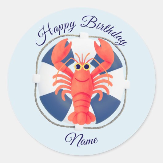 おしゃれな水彩のロブスターと救命胴衣の誕生日 ラウンドシール (正面)