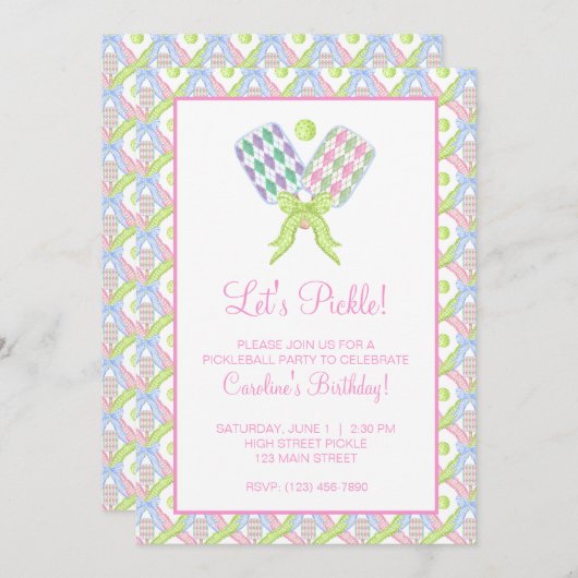 おしゃれな水彩アーガイルピックルボールパドル 招待状 (正面/裏面)