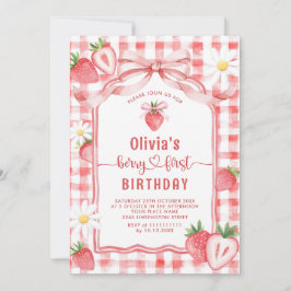 おしゃれな水彩イラストの苺の赤ちゃんファーストバースデー 招待状