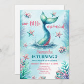 おしゃれな水彩ターコイズマーメイドテール誕生日 招待状 (正面/裏面)