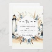 おしゃれな水彩デザインの灯台ウェディング セーブザデート (正面/裏面)