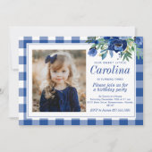 おしゃれな水彩ネイビーブルーの花柄のギンガム 招待状 (正面)