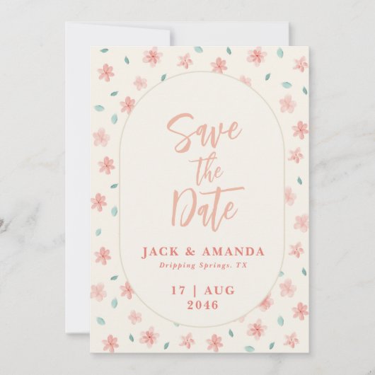 おしゃれな水彩ピンクの花の結婚式のSave the Date 招待状 (正面)