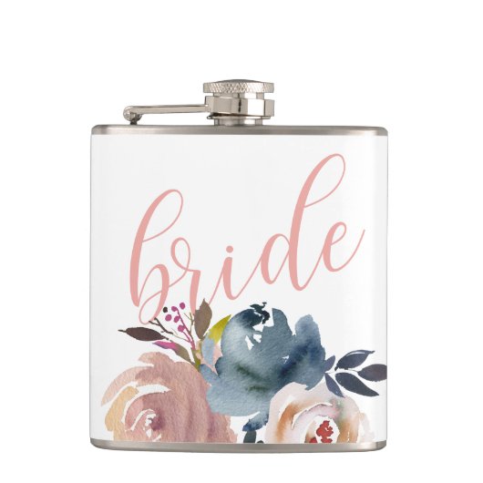 おしゃれな水彩ピンクの花の花嫁ウェディング フラスク (正面)