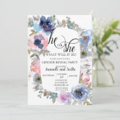 おしゃれな水彩ピンクブルーの花 性別発表 招待状 (スタンド正面)