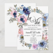 おしゃれな水彩ピンクブルーの花 性別発表 招待状 (正面/裏面)