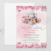 おしゃれな水彩フューシャピンクの芍薬の花の茶会 招待状 (正面/裏面)