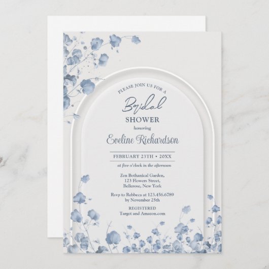 おしゃれな水彩ブルーの野生の花のボヘミアアーチ 招待状 (正面/裏面)