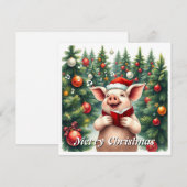 おしゃれな水彩画のピグが冬の松の木と一緒にクリスマスソングを歌う シーズンカード (正面/裏面)