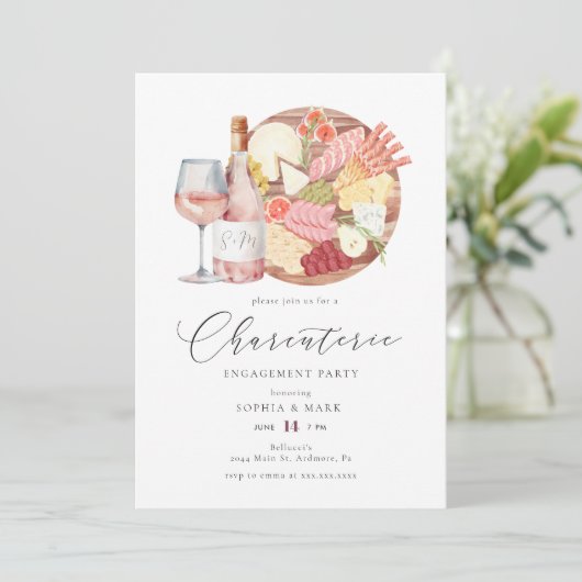 おしゃれな水彩画のワインボードとチーズのコース料理エンゲージメント 招待状 (スタンド正面)