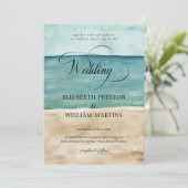 おしゃれな水彩画の海辺の砂浜と航海をテーマにした結婚式 招待状 (スタンド正面)