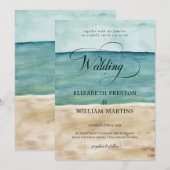 おしゃれな水彩画の海辺の砂浜と航海をテーマにした結婚式 招待状 (正面/裏面)