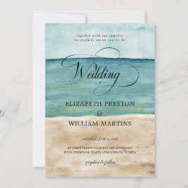 おしゃれな水彩画の海辺の砂浜と航海をテーマにした結婚式 招待状