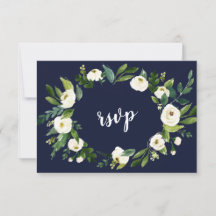 おしゃれな水彩画の白い花のリース ダークブルー RSVP