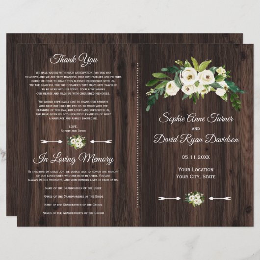 おしゃれな水彩画の白い花の木の結婚式のプログラム (正面/裏面)