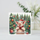 おしゃれな水彩画の豚の冬の松の木の合唱 シーズンカード (スタンド正面)