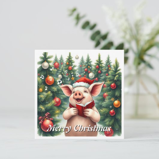 おしゃれな水彩画の豚の冬の松の木の合唱 シーズンカード (スタンド正面)