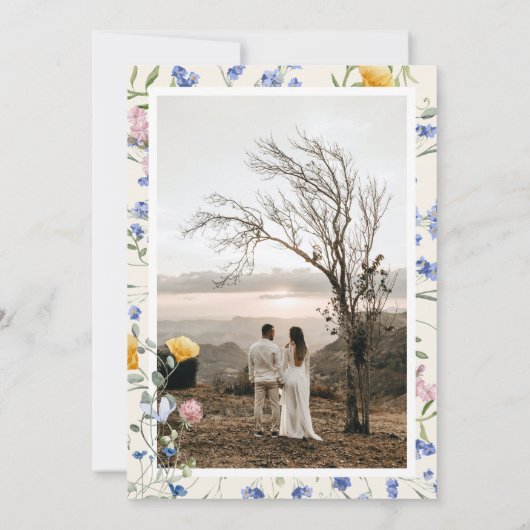 おしゃれな水彩画の野生の花の草原の結婚式のデザインを追加 セーブザデート (裏面)