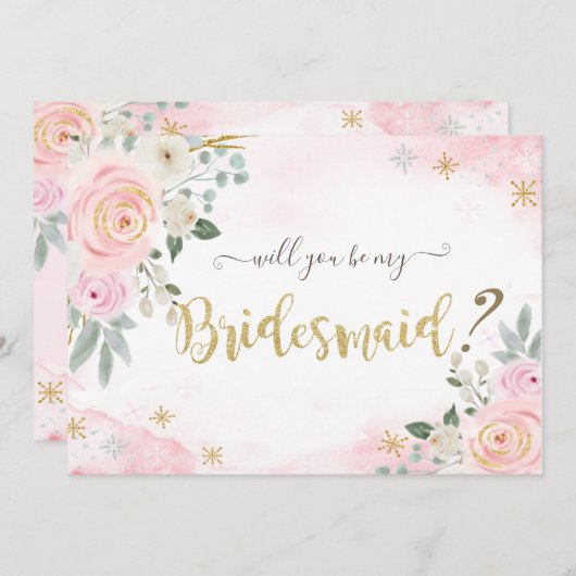 おしゃれな水彩花と雪の結晶のブライズメイドカード 招待状 (正面/裏面)