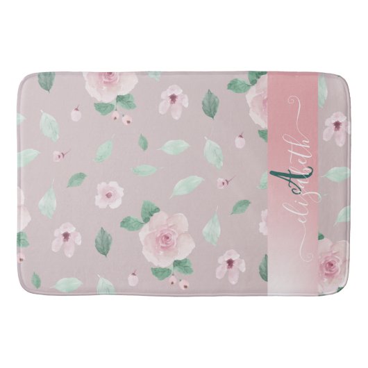 おしゃれな水彩花のモノグラムデザイン バスマット (正面)