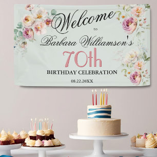 おしゃれな水彩花の70歳誕生日ウェルカムバナー 横断幕
