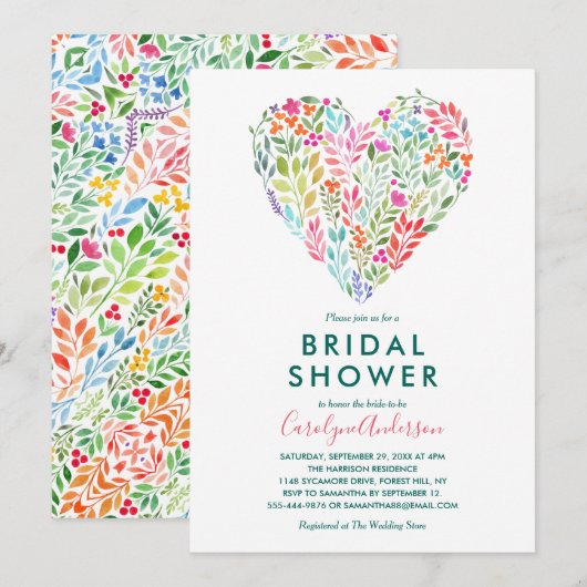おしゃれな水彩花ハート ブライダルシャワー 招待状 (正面/裏面)