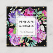 おしゃれな水彩花束ブラック背景 スクエア名刺 (正面)