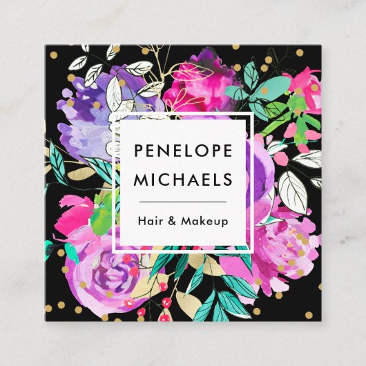 おしゃれな水彩花束ブラック背景 スクエア名刺 (正面)