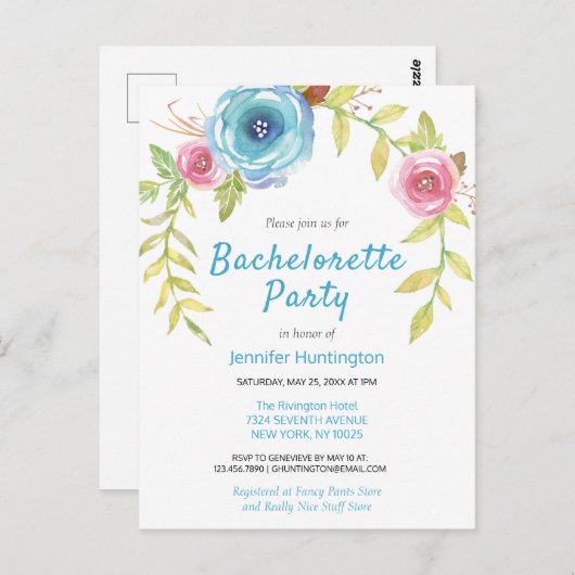 おしゃれな水彩花束 バチェロレッテパーティー招待状 ポストカード (正面/裏面)