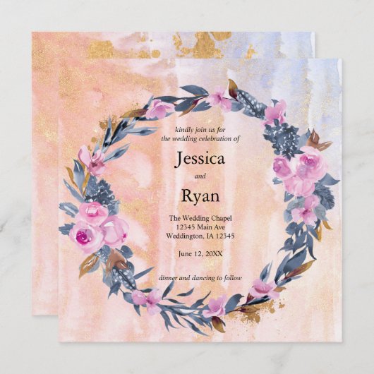 おしゃれな水彩花柄のウェディング 招待状 (正面/裏面)