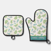 おしゃれな水彩花柄のパーソナライズ商品 鍋つかみ&鍋敷きセット (正面)