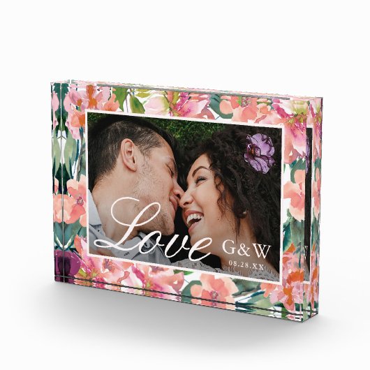 おしゃれな水彩花柄のモノグラム写真 フォトブロック (右)