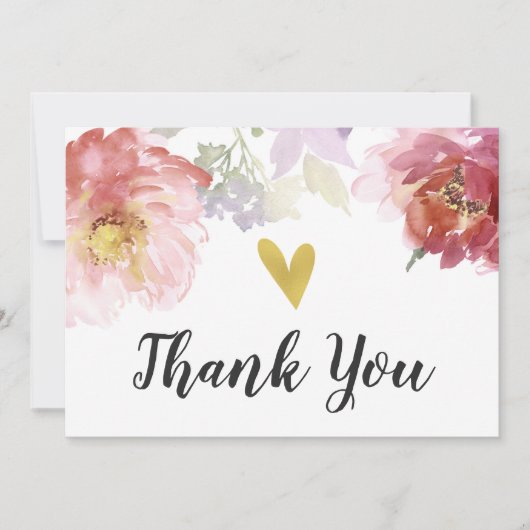 おしゃれな水彩花模様のゴールドハートの感謝カード サンキューカード (正面)