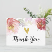 おしゃれな水彩花模様のゴールドハートの感謝カード サンキューカード (スタンド正面)