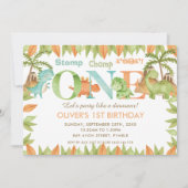 おしゃれな水彩 かわいい恐竜 1歳の誕生日パーティー 招待状 (正面)