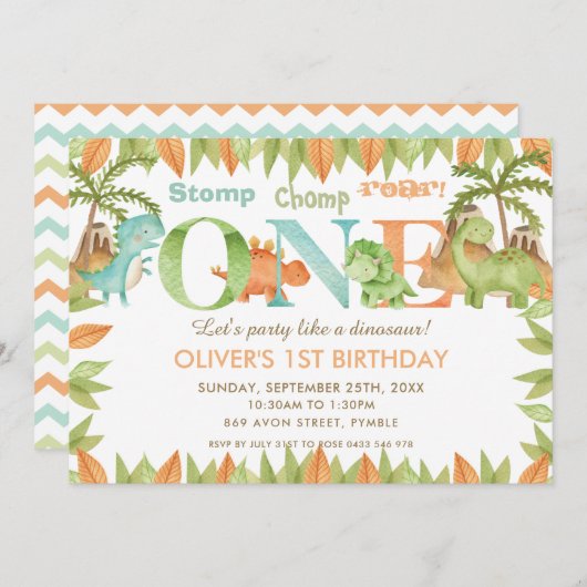 おしゃれな水彩 かわいい恐竜 1歳の誕生日パーティー 招待状 (正面/裏面)