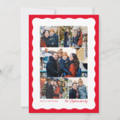 おしゃれな波型の縁取りが特徴の、シンプルな赤いクリスマス写真カードセット(5枚の写真付き) シーズンカード (正面)
