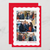 おしゃれな波型の縁取りが特徴の、シンプルな赤いクリスマス写真カードセット(5枚の写真付き) シーズンカード (正面/裏面)