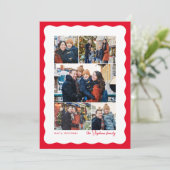 おしゃれな波型の縁取りが特徴の、シンプルな赤いクリスマス写真カードセット(5枚の写真付き) シーズンカード (スタンド正面)