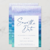 おしゃれな海の青と紫の水彩画 セーブザデート (正面/裏面)