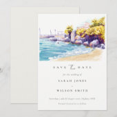 おしゃれな海岸の砂浜と岩の多い海の風景の水彩画 セーブザデート (正面/裏面)