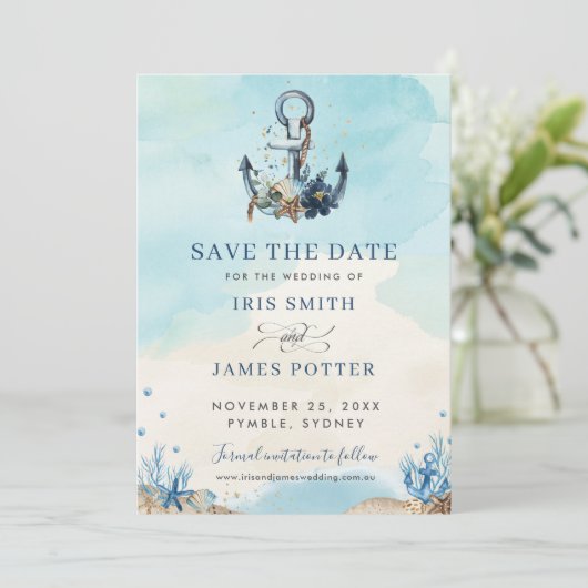おしゃれな海軍アンカー ビーチ モダン ウェディング セーブザデート (スタンド正面)
