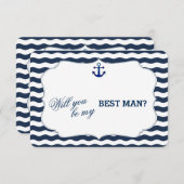 おしゃれな海軍風 ネイビー ウェーブ アンカー 私のベストマンになって 招待状 (正面/裏面)