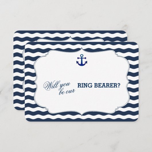 おしゃれな海軍 ネイビー ウェーブ 私のリングボアラーにしてください 招待状 (正面/裏面)