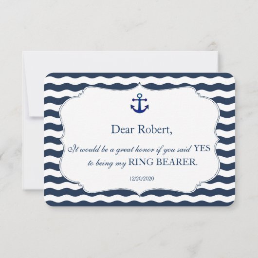おしゃれな海軍 ネイビー ウェーブ 私のリングボアラーにしてください 招待状 (裏面)