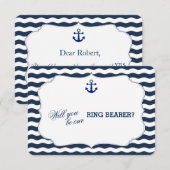 おしゃれな海軍 ネイビー ウェーブ 私のリングボアラーに 招待状 (正面/裏面)
