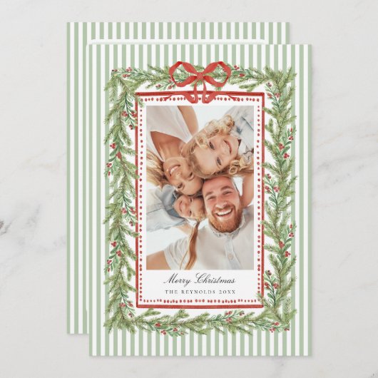おしゃれな海辺のボウファミリー写真クリスマスホリデー シーズンカード (正面/裏面)